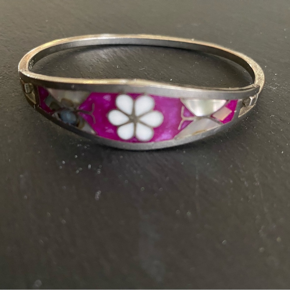 Floral Pink and Silver Bangle Bracelet